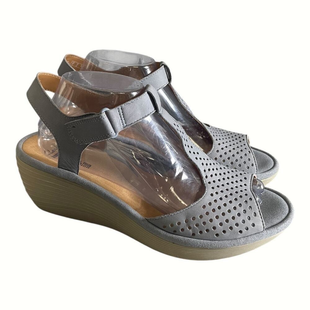 Clarks Women’s Reedly Waylin Perforated Blue Leather Wedge Sandals Size-9M